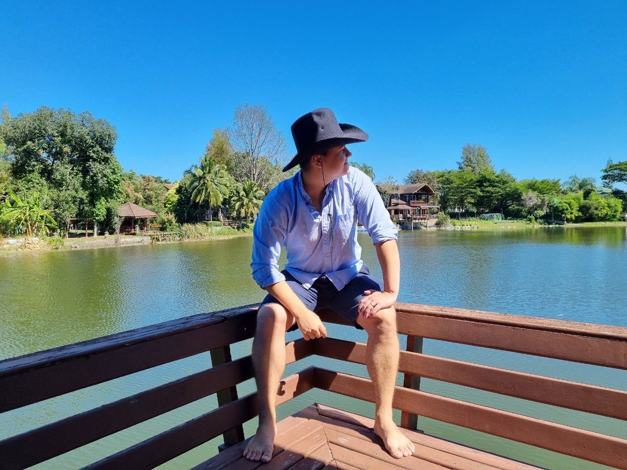 Lakeside dock with views of the villa at Cabin Pool Villa Khao Yai.