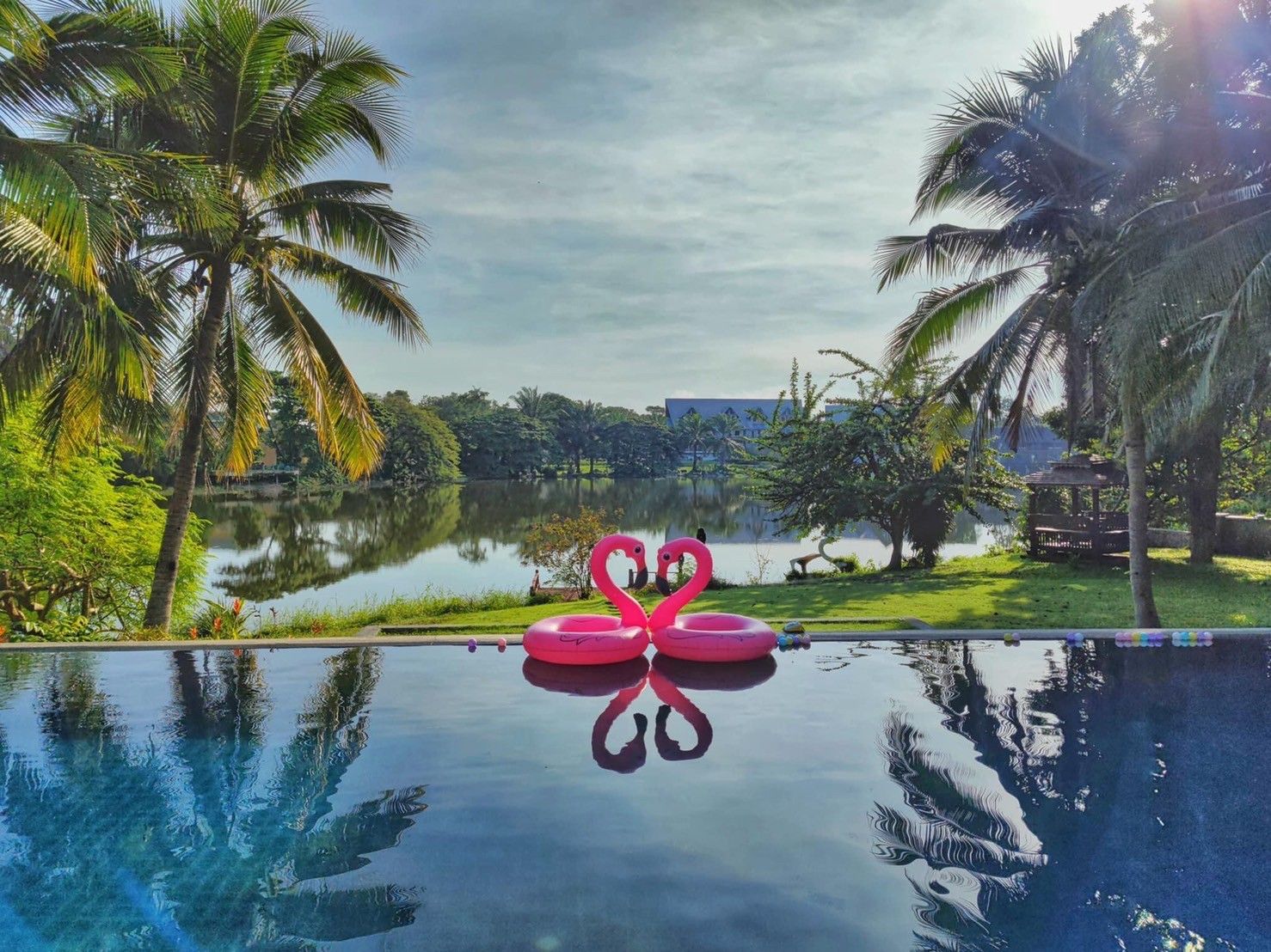 Pink flamingo floats in the pool at Cabin Pool Villa Khao Yai, Bonanza Khao Yai. Palm trees and lake view.