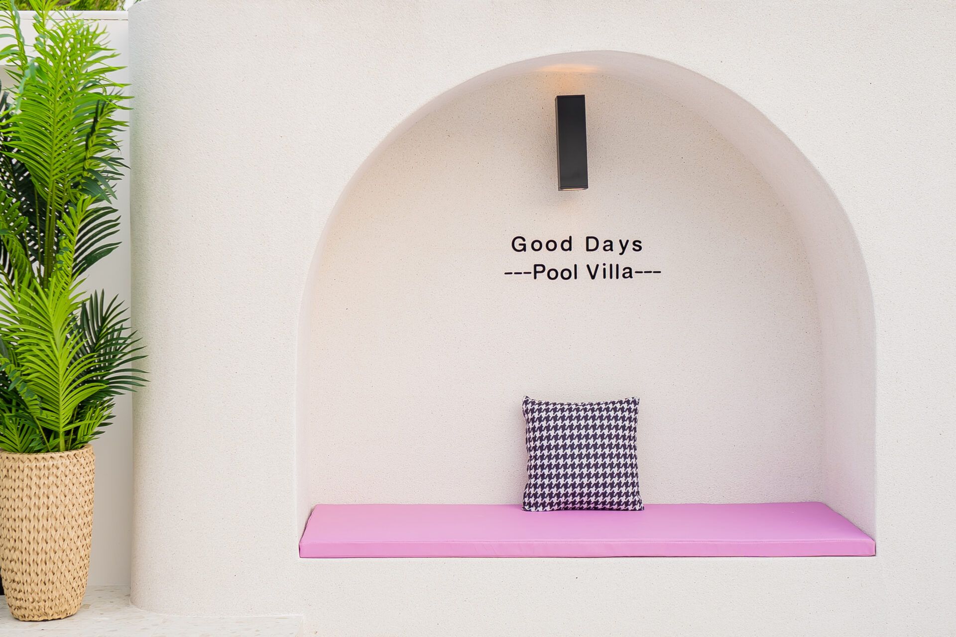 Cozy alcove with pink bench and patterned pillow at Good Day V Pool Villa, Jomtien Beach, South Pattaya.