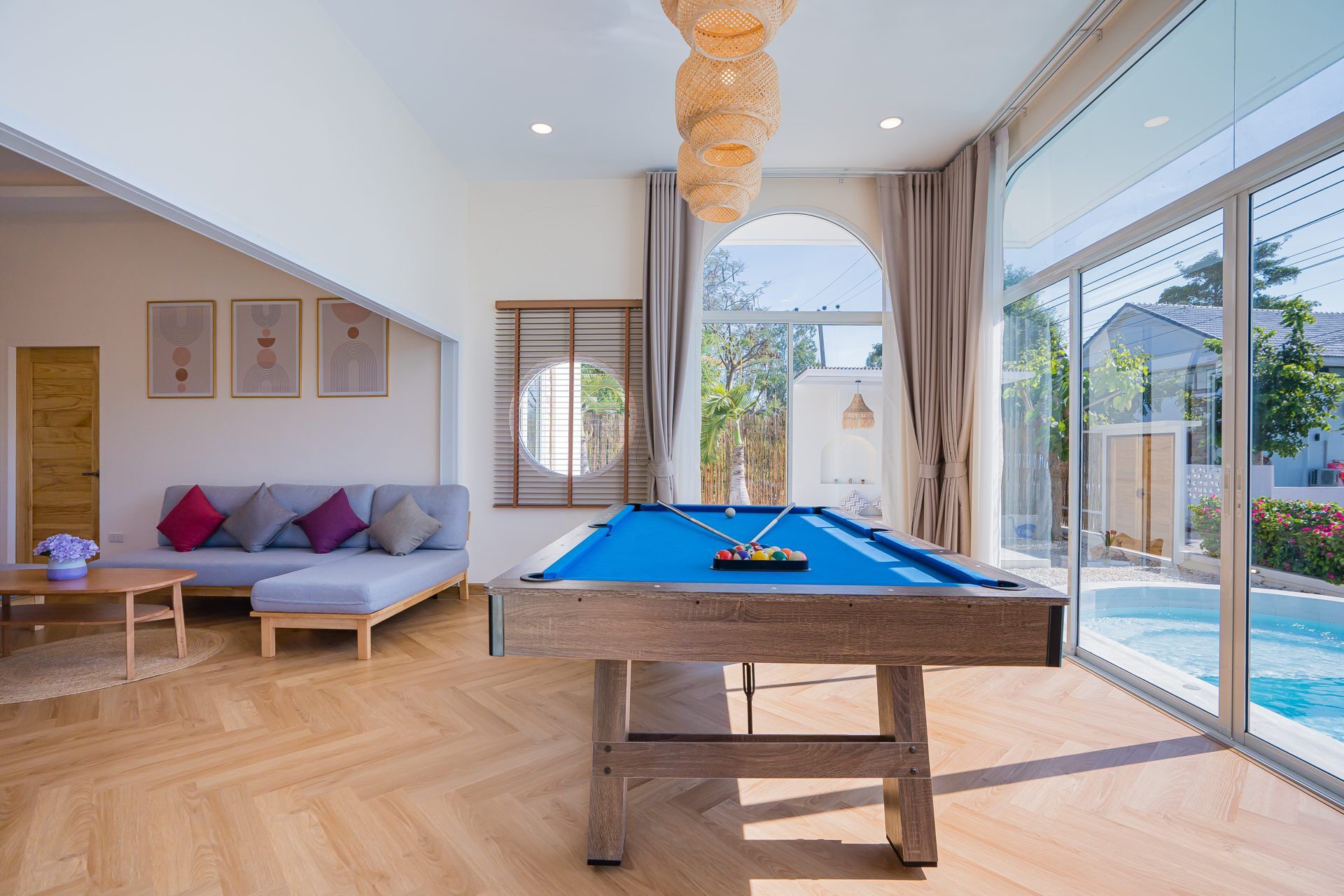 Lagoon Beach V Pool Villa indoor game room with pool table and view of the pool, ใกล้หาดบางเก่า-ชะอำ.