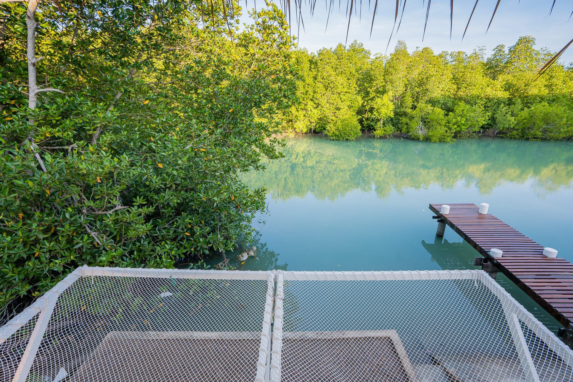 Mangrove view from hammock at Lagoon Beach V Pool Villa, ใกล้หาดบางเก่า-ชะอำ. Wooden pier on the water.