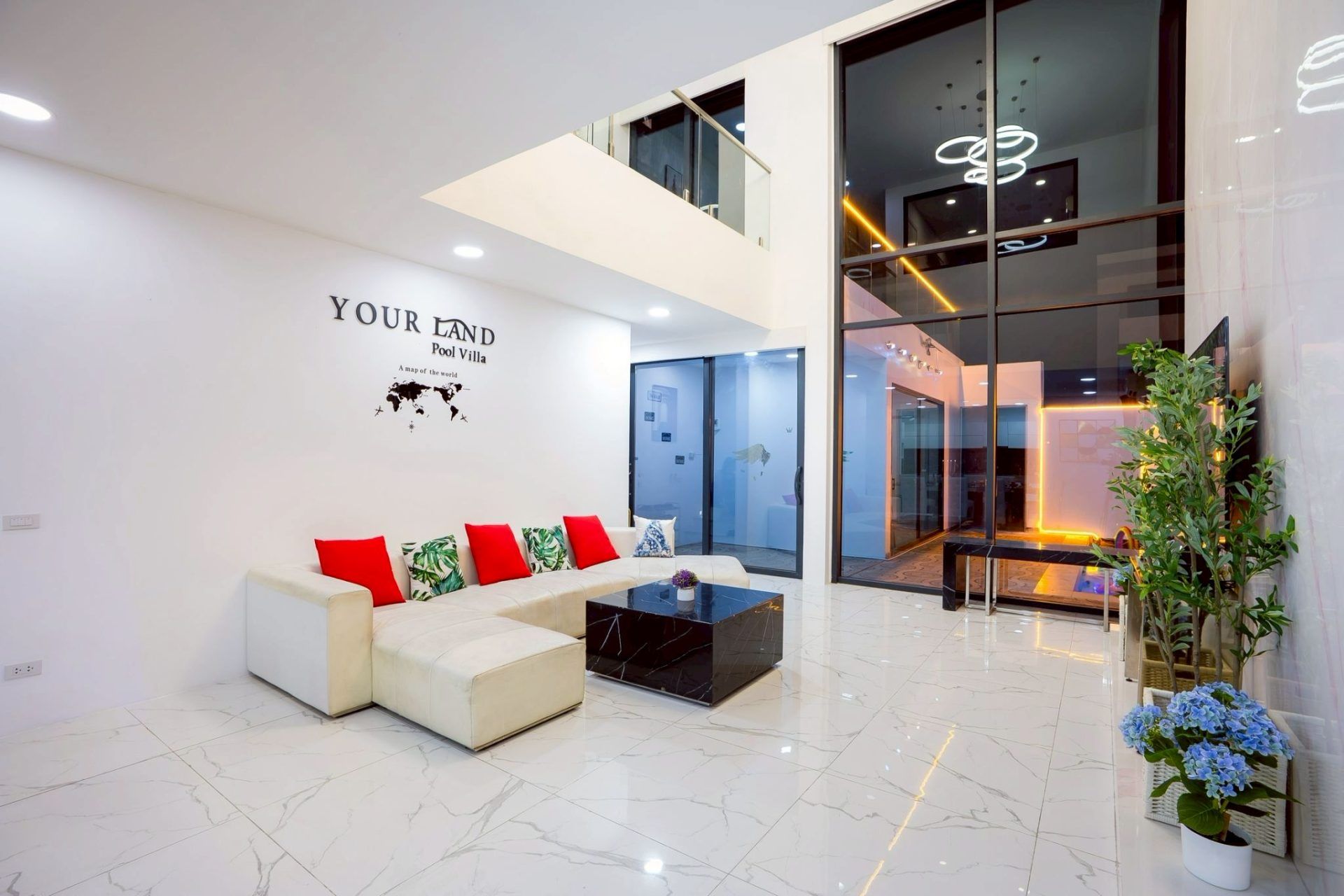 Double-height lobby and living area at Land VIII Pool Villa