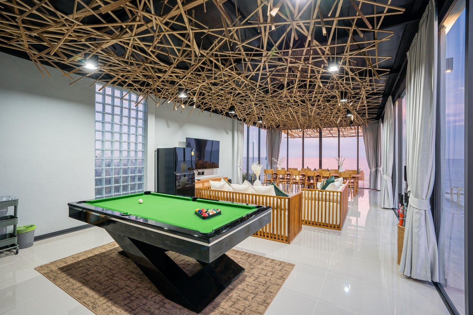 Billiard table and ocean view at Sea Fan IV Beachfront Pool Villa near Huahin airport. Unique ceiling design.