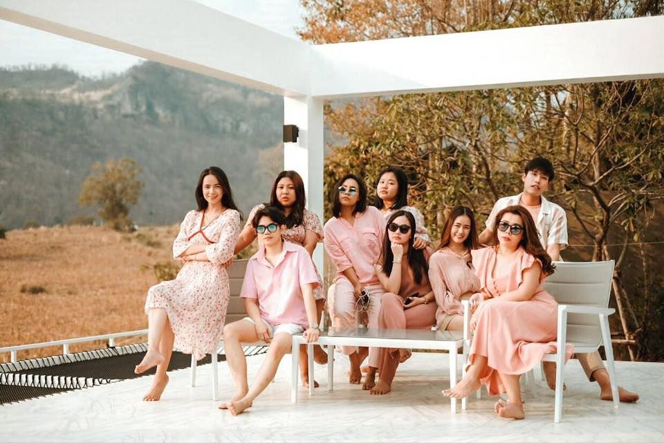 Group photo with mountain view at The Valley Khaoyai V Villa, Khao Yai, Thailand.