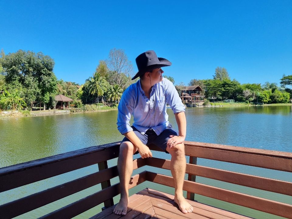 Lakeside dock with views of the villa at Cabin Pool Villa Khao Yai.