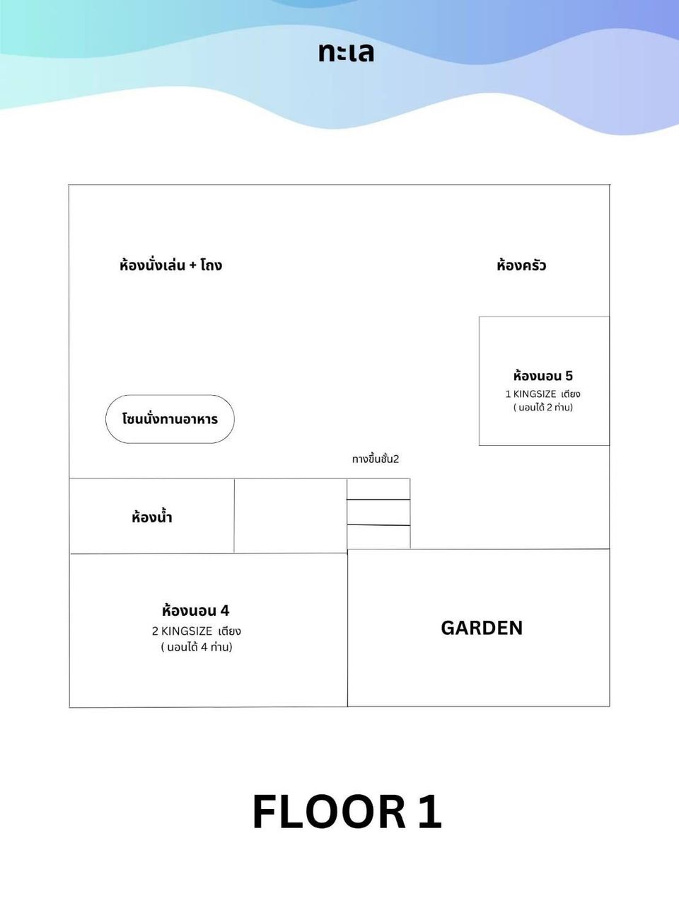 Floor 1 layout of Caribbean V Pool Villa in Hua Hin, showing living, dining, kitchen, two bedrooms, bathroom, and garden.