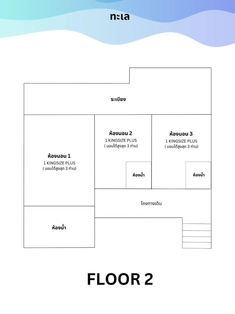 Second floor plan of Caribbean V Pool Villa in Hua Hin, showing three bedrooms, bathrooms, and a balcony overlooking the sea.