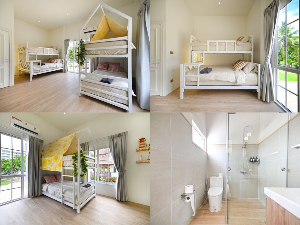 Bright bunk-bed room at Coastal Calm IV Pool Villa, Cha-Am, with yellow canopy bed and garden-view windows.