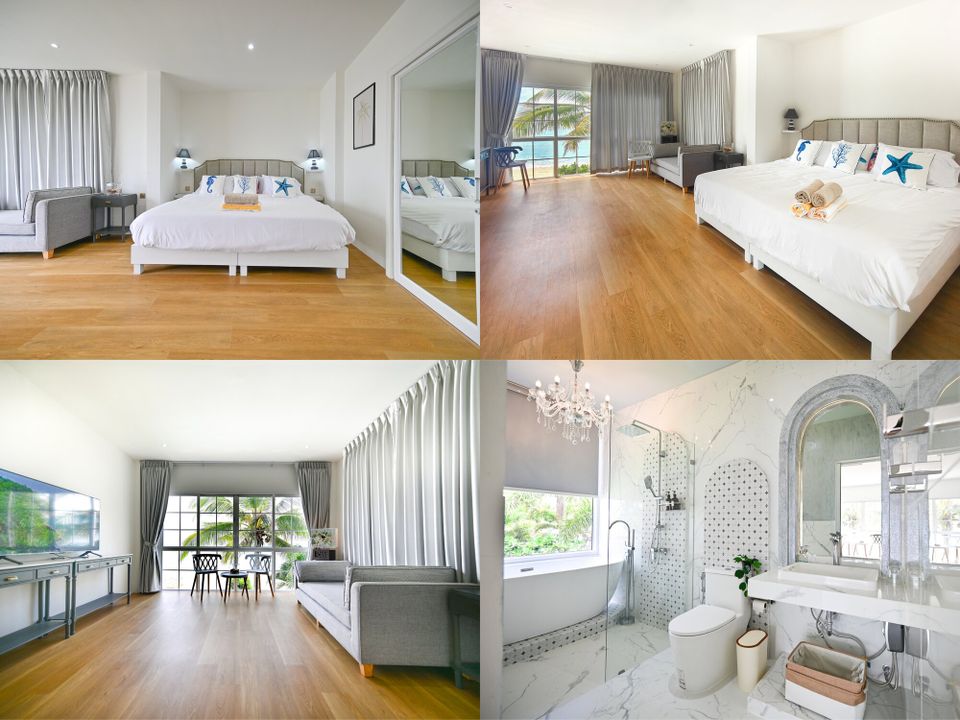 King bedroom at Coastal Calm IV Pool Villa, Cha-Am, with seahorse pillows, grey sofa, and soft coastal styling.