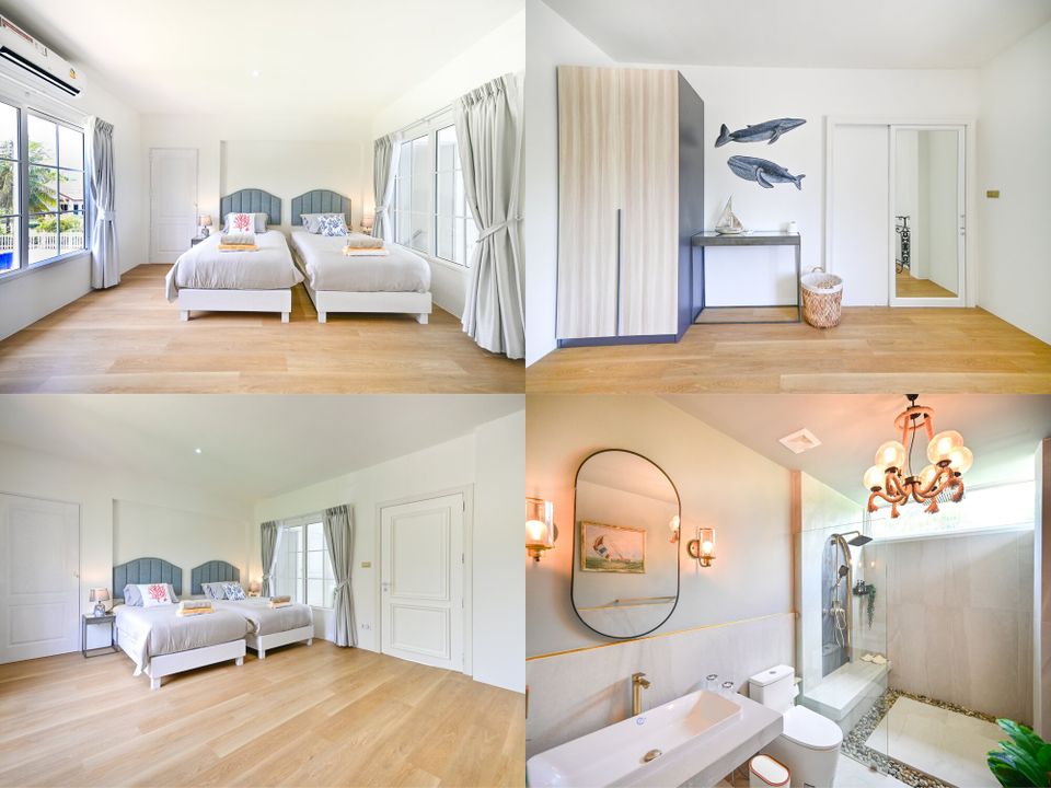 Twin-bed bedroom at Coastal Calm IV Pool Villa, Cha-Am, with blue headboards, coral pillows, and soft curtains.