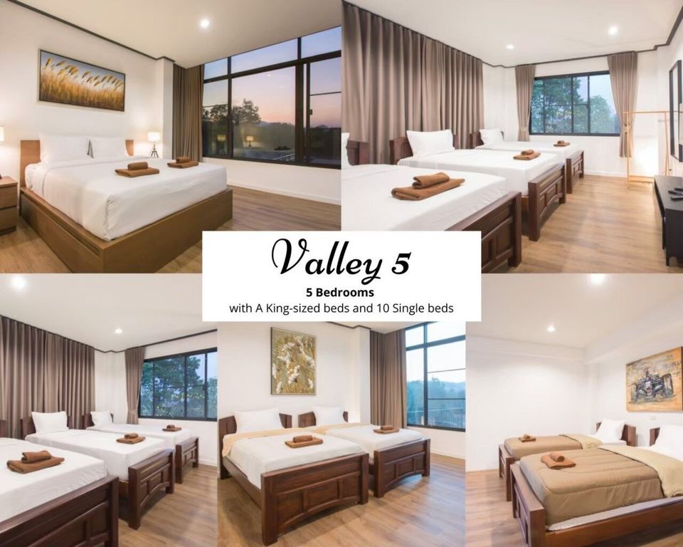 Collage of bedrooms at The Valley Khaoyai V Villa, Khao Yai, showing a king-sized bed and multiple single beds.